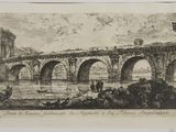 un vieux dessin représentant un pont enjambant une rivière, avec des personnes dessus