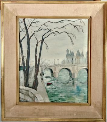 tableau représentant un pont au-dessus d'une rivière, avec un bateau dans l'eau