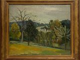 une peinture à l'huile représentant un champ avec des arbres et une maison au loin