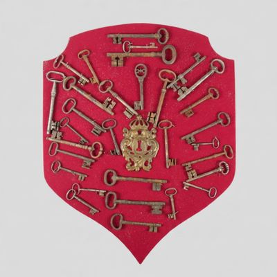 un bouclier rouge sur lequel figure un trousseau de vieilles clés