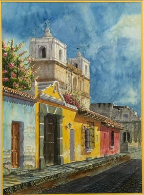 an image of a painting of a street with a church in the background