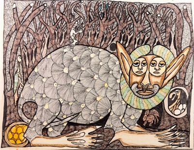 illustration of a drawing of a man with a goat in a forest