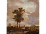an image of a painting of a landscape with cattle in the foreground