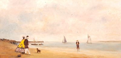 a painting of people on the beach with boats in the background