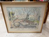 aquarelle encadrée représentant une maison et des arbres dans un jardin