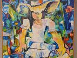 une peinture à l'huile représentant une femme en robe blanche assise sur une chaise
