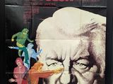 an old movie poster of a man holding a knife in front of a group of people