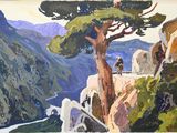 un tableau représentant un homme à cheval sur le flanc d'une montagne