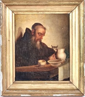 un vieux tableau représentant un homme avec un chat, assis à une table devant une assiette de nourriture
