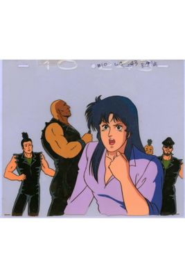 an image of a cartoon of a woman in a purple shirt and a man in a black suit