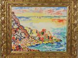 une peinture représentant une côte rocheuse avec un voilier au loin