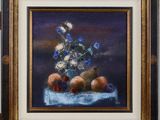 an oil painting of a vase of flowers and fruit on a table