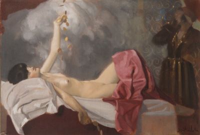 a painting of a woman laying on a bed with a man in the background