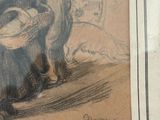 a drawing of a woman carrying a basket on a bed
