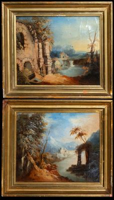 two paintings of a landscape with a river and a bridge