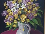 a painting of flowers in a vase on a table