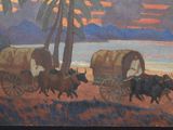 an image of a painting of a wagon pulled by oxen on a beach