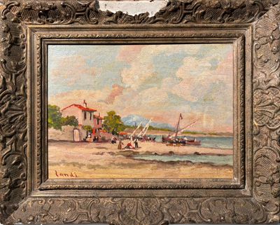 une peinture à l'huile représentant une scène de plage avec des bateaux sur l'eau