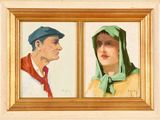 tableau représentant un homme et une femme portant des chapeaux et des écharpes