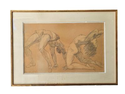 framed drawing of two nudes in a kneeling position on a beige background