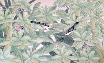 un tableau représentant un oiseau perché sur une branche d'arbre