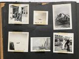 several old black and white photos of men and women in front of a building