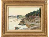 a painting of boats on the water with people on the shore