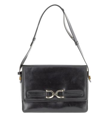 a black leather bag with a metal buckle on the front