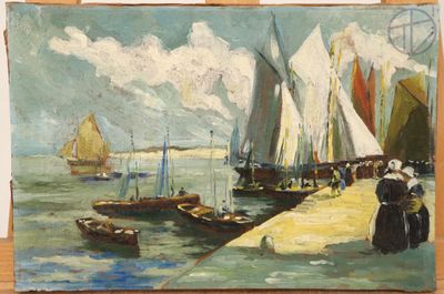une peinture représentant des bateaux sur l'eau près d'un embarcadère