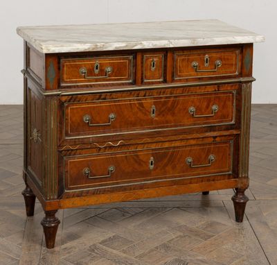 an image of a marble top chest of drawers on a parquet floor