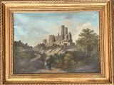 an oil painting of a castle on a hill with a man and a woman in a blue dress