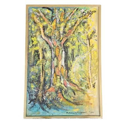 un tableau représentant un arbre dans une forêt aux feuilles jaunes
