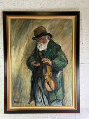 a painting of a man with a violin on the wall