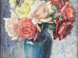 painting of roses in a blue vase on a table