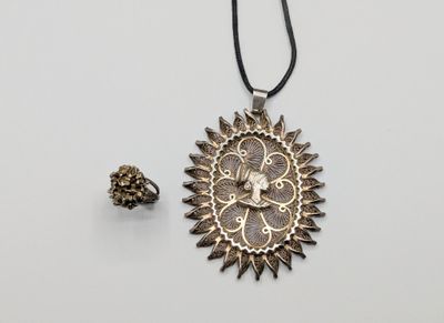 une photo représentant un collier et une boucle d'oreille posés sur un fond blanc
