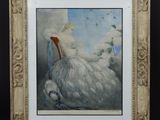 tableau représentant un pélican vêtu d'une robe blanche, assis sur une chaise