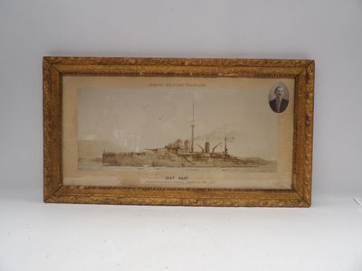 an old picture of a ship in a frame on a wall