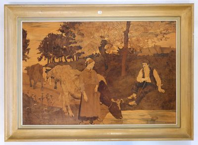 a painting of a group of people in a field