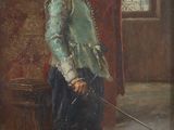 une image représentant un tableau où l'on voit un homme vêtu d'un manteau vert et d'un chapeau, tenant une épée