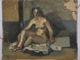 une peinture à l'huile représentant une femme nue assise sur un lit