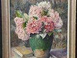 a painting of pink flowers in a vase on a table