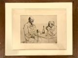 tableau représentant deux hommes assis à une table avec des bouteilles de vin