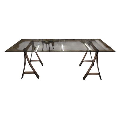 une image d'une table en verre avec des pieds en métal et un plateau en verre