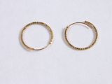 two small gold hoop earrings on a white surface