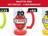 four different colored beer mugs with a price tag on them