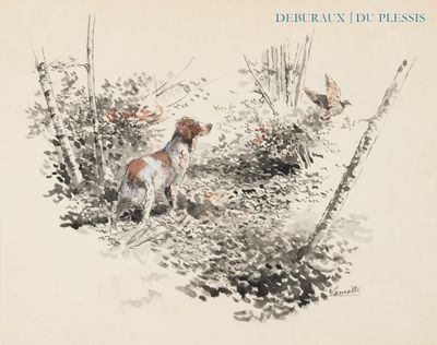 tableau représentant un chien dans un environnement boisé, avec un oiseau qui passe en volant