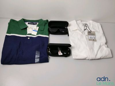 three men ' s polo shirts and sunglasses are laid out on a table
