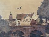 a painting of a bridge with a bird flying over it