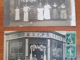 two old black and white photos of people standing in front of a store