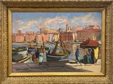 painting of a painting of a harbor scene with boats and people